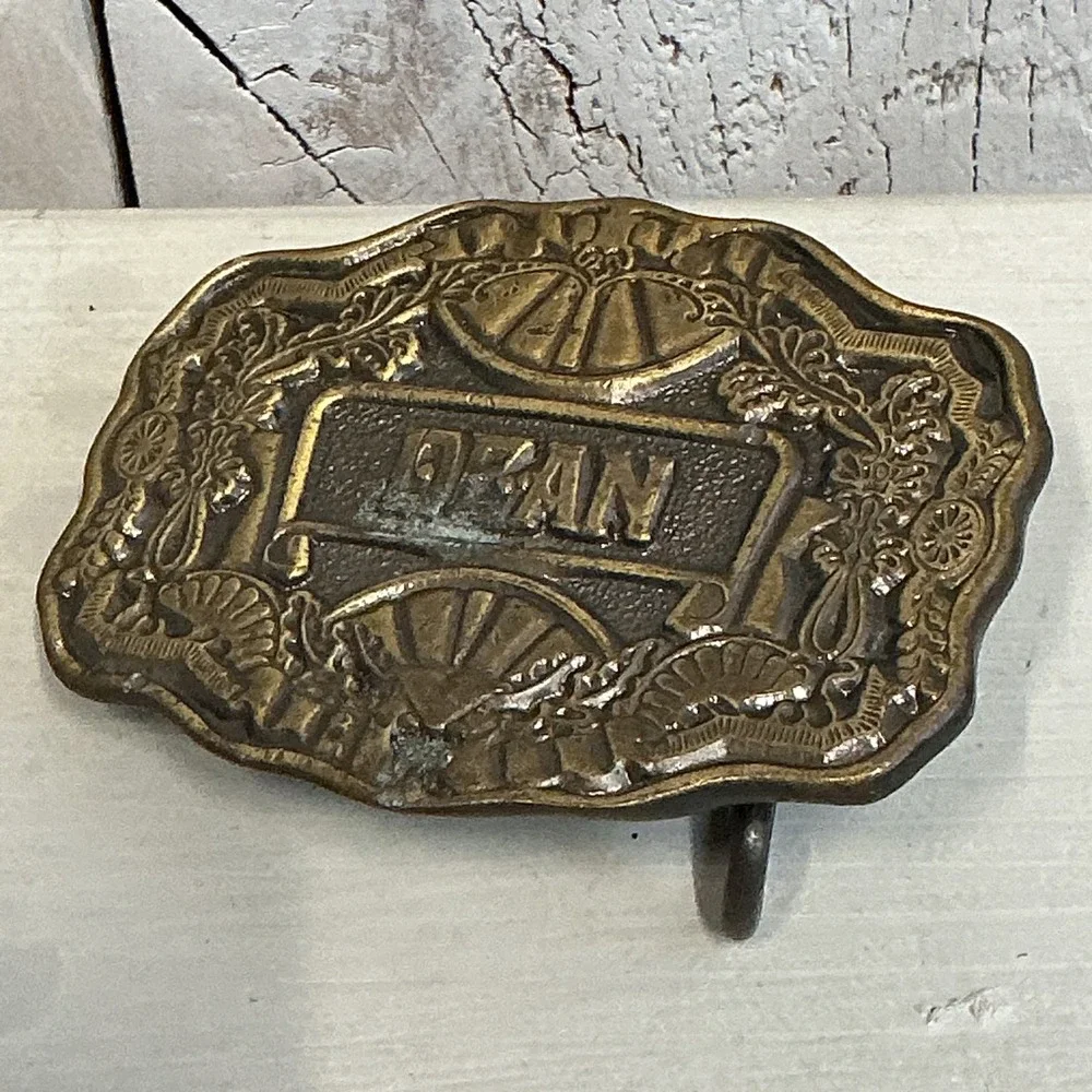 Vintage Oden USA Brass Belt Buckle Dean Name‎ Western Style Needs Repair